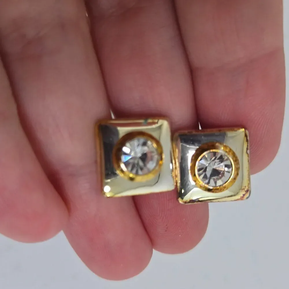Cufflinks Gold Tone Vintage MCM Clear Rhinestone Basic Square Silver Tone